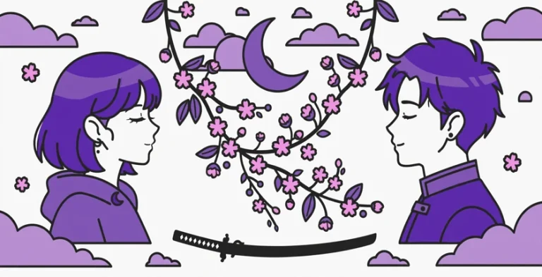 Two anime-style characters in purple facing each other under cherry blossoms and a crescent moon, with a katana below, illustrating anime username ideas.