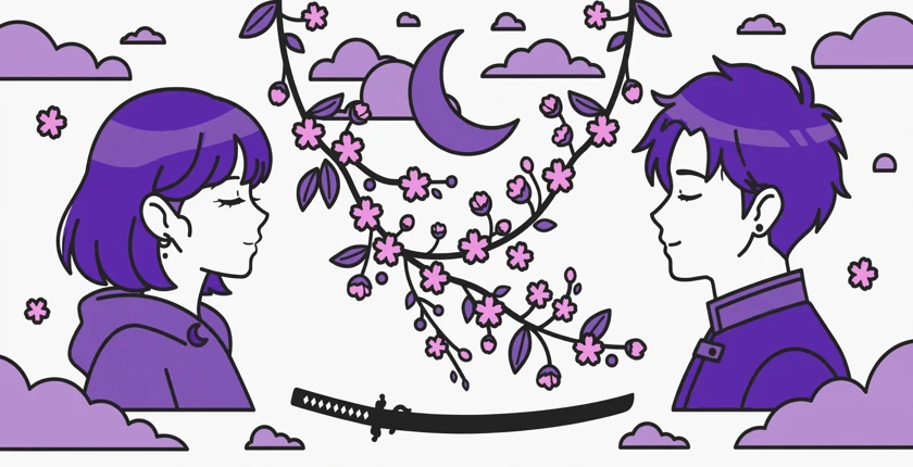 Two anime-style characters in purple facing each other under cherry blossoms and a crescent moon, with a katana below, illustrating anime username ideas.