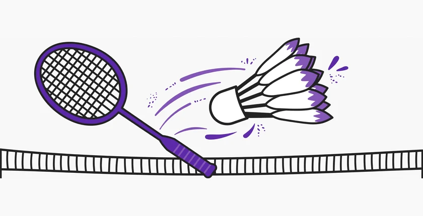 Purple badminton racket and a shuttlecock with purple-tipped feathers flying over a net on an off-white background, illustrating badminton team name ideas