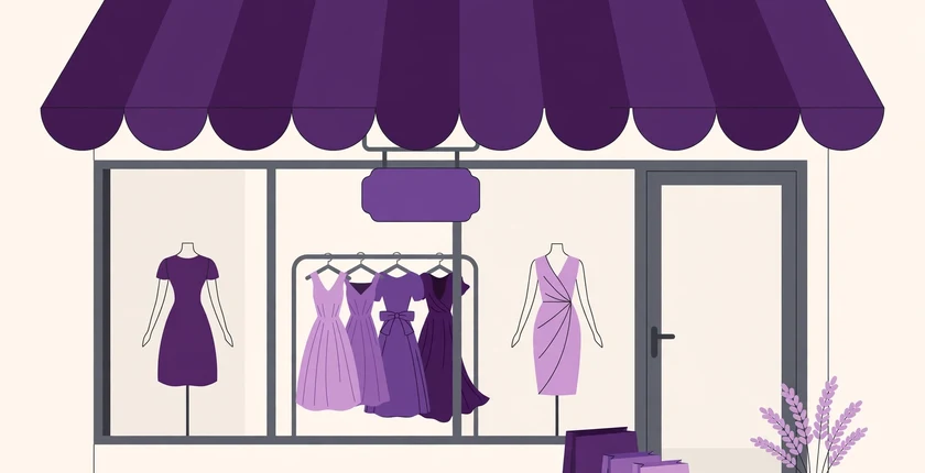 Illustration of an elegant boutique storefront with a deep purple awning, dresses on a clothing rack and mannequins in the window, and purple shopping bags by the door.