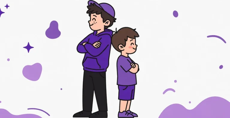 Two brothers standing back to back in purple clothes, illustrating cute, funny and cool brother nickname ideas for big and little brothers.