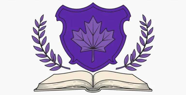 Purple heraldic crest shield with a purple maple leaf, flanked by purple laurel branches above an open heritage book, illustrating Canadian last names and their meanings