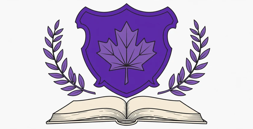 Purple heraldic crest shield with a purple maple leaf, flanked by purple laurel branches above an open heritage book, illustrating Canadian last names and their meanings