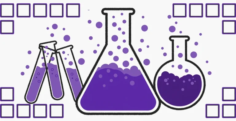 Purple chemistry flasks, test tubes and periodic table tiles with bubbles on an off-white background, illustrating chemistry team name ideas