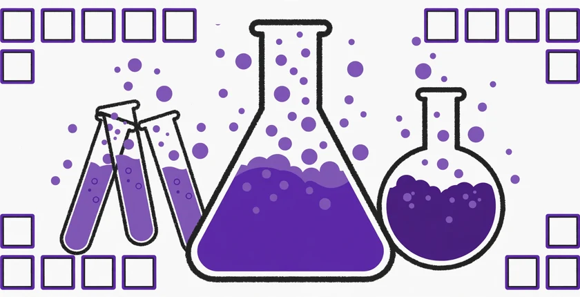 Purple chemistry flasks, test tubes and periodic table tiles with bubbles on an off-white background, illustrating chemistry team name ideas