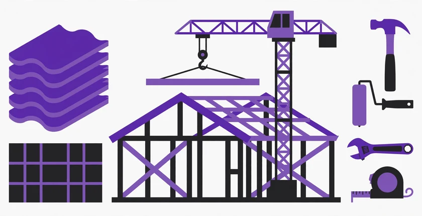 Construction company name ideas — a framed house under construction with a crane, roofing tiles, concrete blocks and building tools