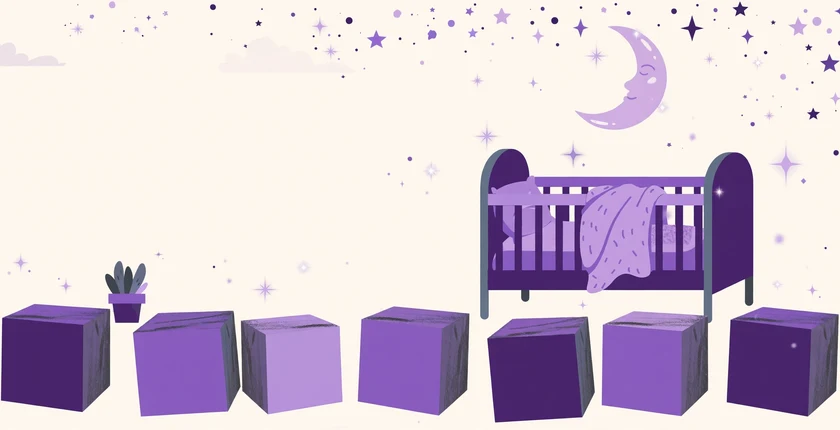 Cool baby girl names illustrated with purple wooden name blocks, stars and a crescent moon in a soft purple nursery.