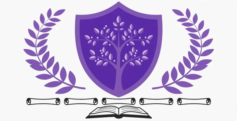 Purple family crest shield with a family tree inside it, flanked by purple laurel branches above an open heritage book, illustrating cool last names and their meanings.