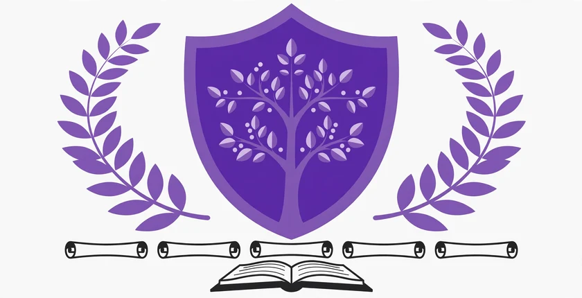 Purple family crest shield with a family tree inside it, flanked by purple laurel branches above an open heritage book, illustrating cool last names and their meanings.