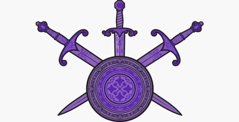 Three ornate purple swords crossed over a round purple shield on an off-white background, illustrating cool sword name ideas