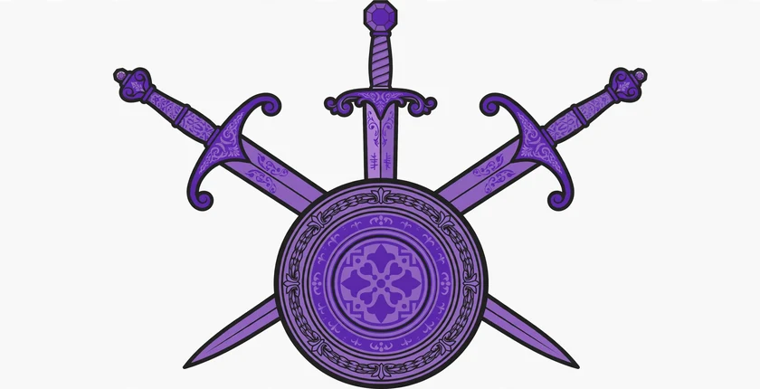 Three ornate purple swords crossed over a round purple shield on an off-white background, illustrating cool sword name ideas