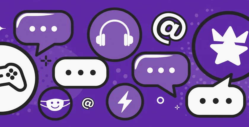 Cool usernames featured image with purple avatar icons, at symbols and chat bubbles for gaming and social media profiles.