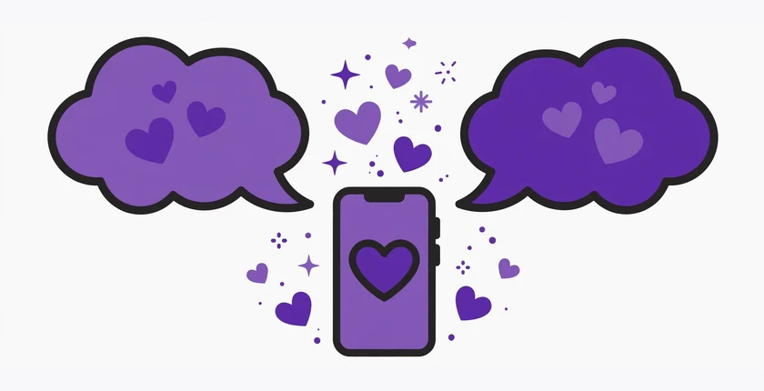 Purple speech bubbles with hearts above a smartphone with a heart on its screen, illustrating flirty nickname ideas for him and her