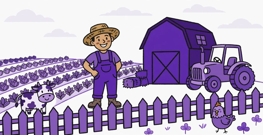 Cheerful cartoon farmer in purple overalls and a straw hat standing by a deep purple barn and tractor, with crop rows, a cow and a chicken, illustrating funny farmer name ideas