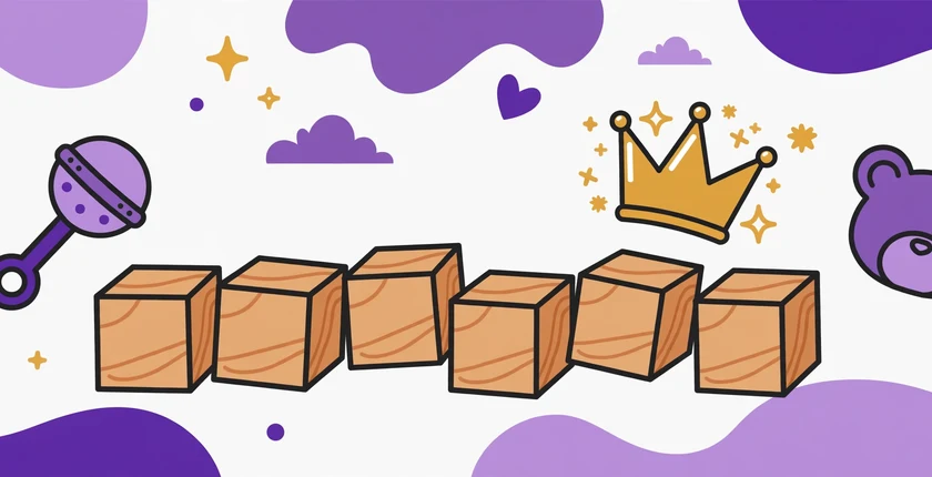 Handsome boy names illustrated with wooden name blocks, a gold crown, stars and a purple teddy bear on a soft purple background.