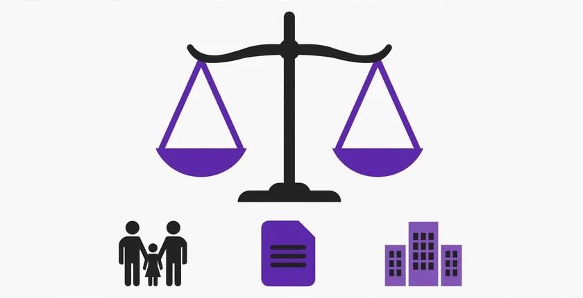 Scales of justice between courthouse columns, illustrating law firm name ideas for different practice areas