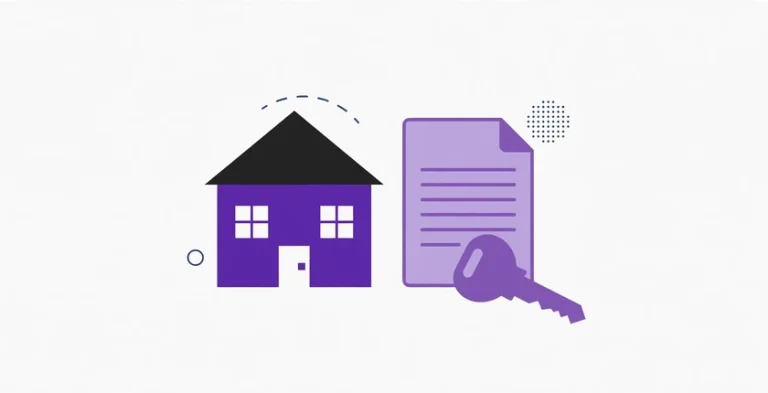 Mortgage company name ideas illustrated by a purple house, a home loan document and a house key.