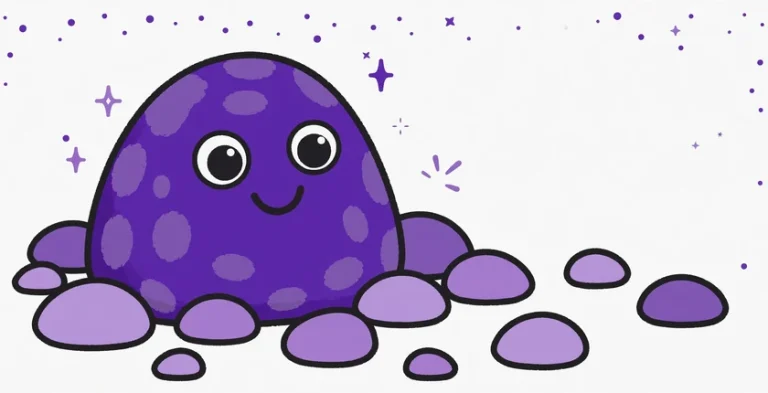 A smiling purple painted pet rock with googly eyes sitting among smooth lilac pebbles, illustrating funny and cute pet rock name ideas