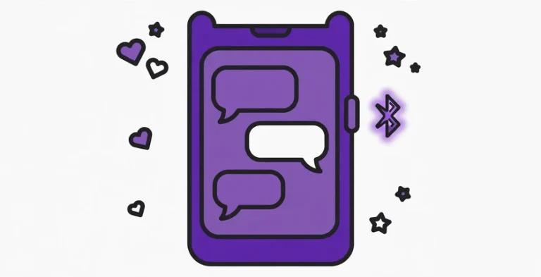 Purple smartphone with chat and name bubbles and a Bluetooth symbol, illustrating funny, cool and cute names for your phone