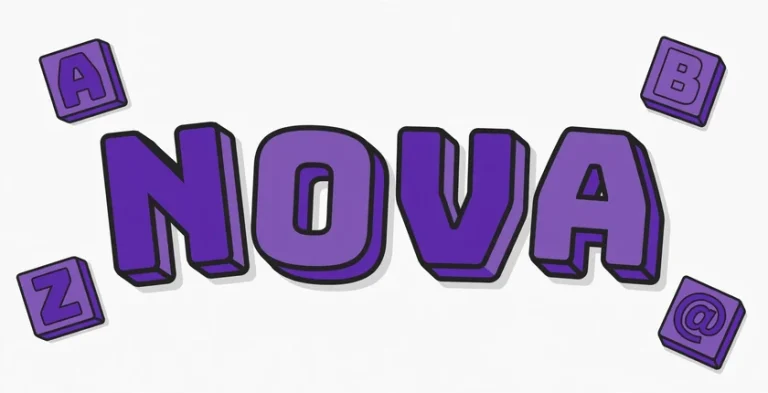 The word NOVA spelled out in chunky purple 3D letter tiles with smaller letter tiles and an at symbol, illustrating one word username ideas