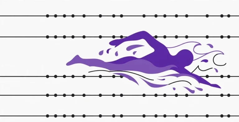 Purple swimmer silhouette swimming freestyle across pool lane lines with stylised waves, illustrating swim team name ideas