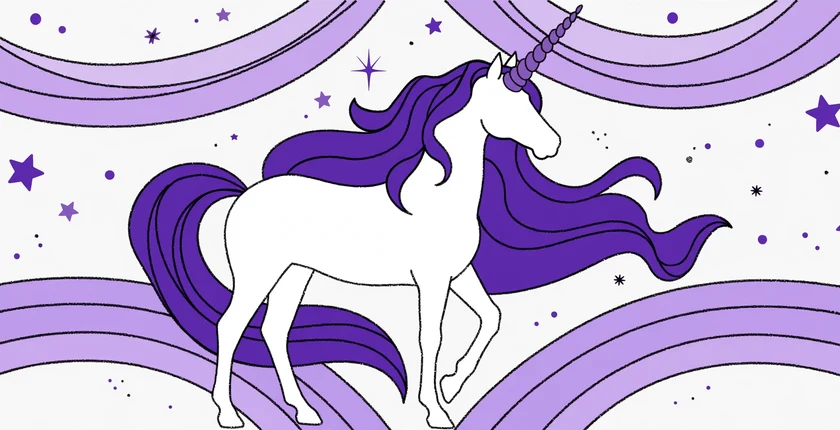 White unicorn with a deep purple mane and tail and a purple spiral horn, standing under lavender rainbow arcs and purple stars, illustrating unicorn name ideas
