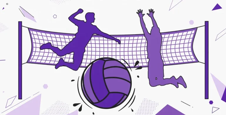 Two purple volleyball players at the net, one spiking and one blocking, with a large purple volleyball in front, illustrating volleyball team name ideas.
